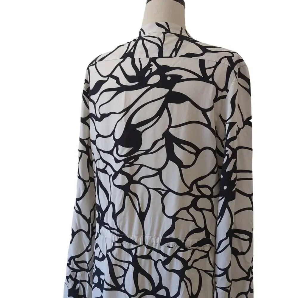 0039 Italy Womens Black White Shirt Dress Viscose‎ Tie Waist Cinch Size XS
